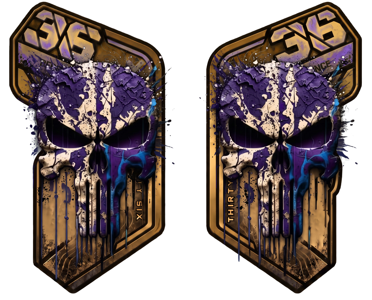 Gabelaufkleber 36 Skull Gold-Lila – links und rechts