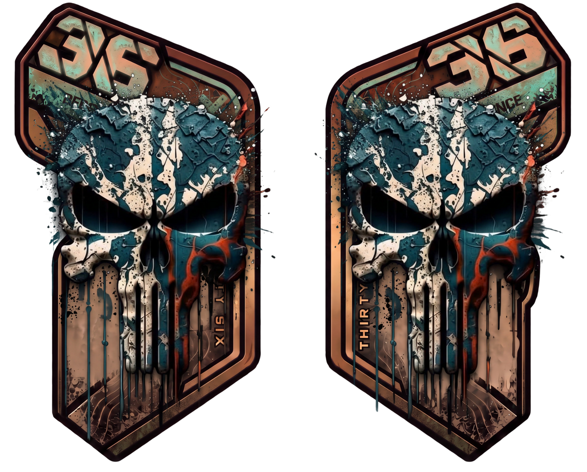 Gabelaufkleber 36 Skull Kupfer-Petrol – links und rechts