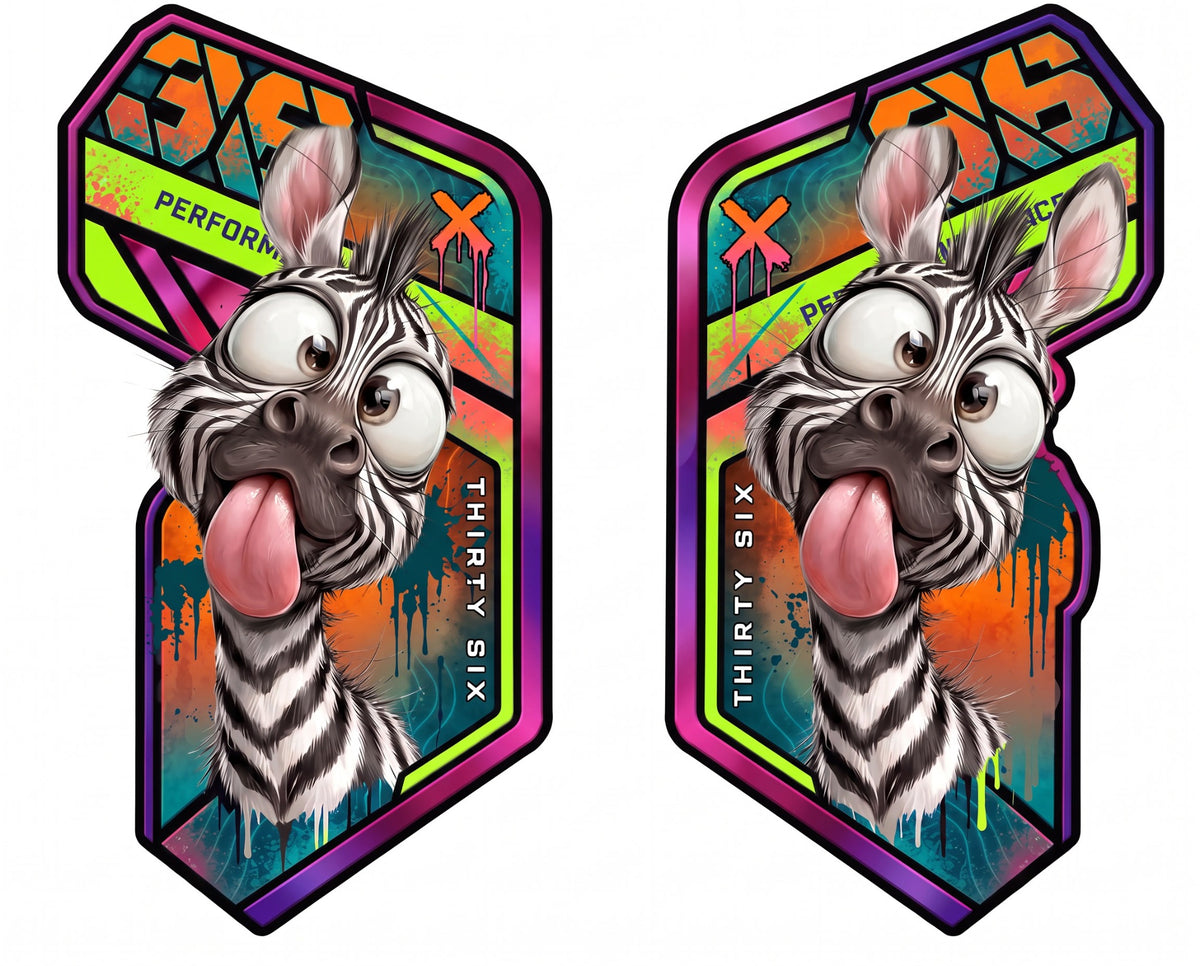 Verrücktes Zebra mit herausgestreckter Zunge – Gabelaufkleber 2er-Set in Neon-Mix